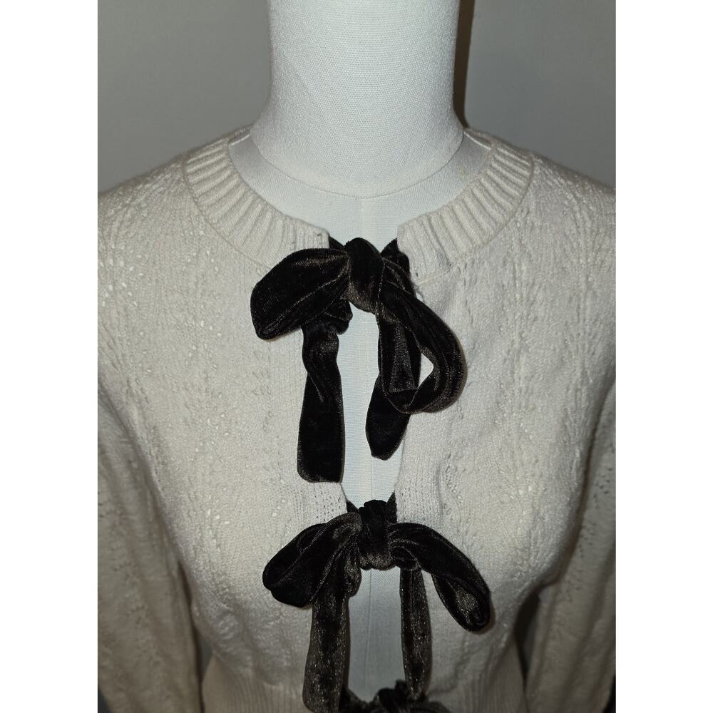 NWT S Women's Open Front Brown Velvet Tie Ivory Sweater Cardigan MSRP $52 - Picture 3 of 9
